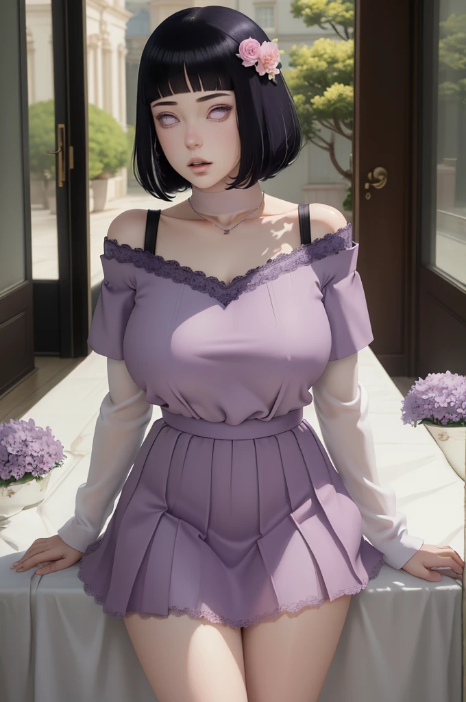 (masterpiece) (huge titusty, masterpiece, absurdres, hinata\(boruto\), 1girl, solo,mature female, off-shoulder bra, high waist short skirt, looking at viewelling petals), perfect composition, detailed lips, big breast, beautiful face, body propotion, blush, (pink lips), short hair, (black hair), purple eyes, soft gaze, super realistic, detailed, photoshoot, realistic face and body, closed mouth, , lilac eyes, full body, lace clothes,