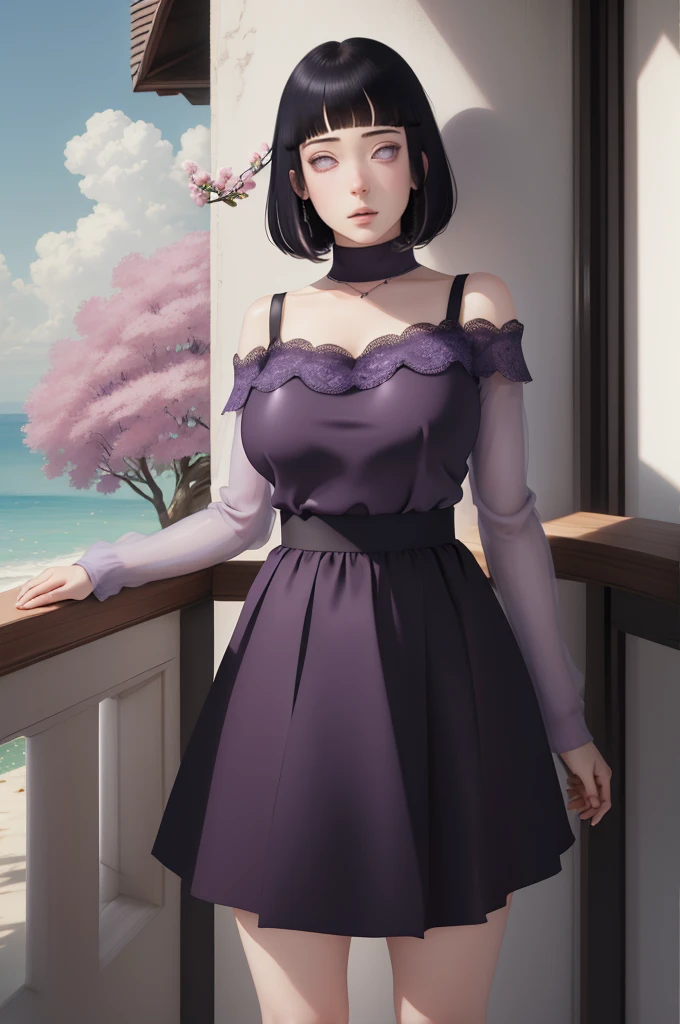 (masterpiece) (huge titusty, masterpiece, absurdres, hinata\(boruto\), 1girl, solo,mature female, off-shoulder bra, high waist short skirt, looking at viewelling petals), perfect composition, detailed lips, big breast, beautiful face, body propotion, blush, (pink lips), short hair, (black hair), purple eyes, soft gaze, super realistic, detailed, photoshoot, realistic face and body, closed mouth, , lilac eyes, full body, lace clothes,