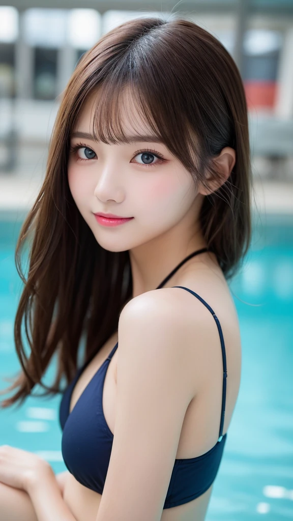 table top, highest quality, shape, Super detailed, finely, High resolution, 8k wallpaper, 完璧なダイナミックな構shape, inside the pool, beautiful and detailed eyes, swimsuit,bikini, ランダムなcute髪,,natural color lip, bold sexy pose,smile、20 year old girl、cute、sexy shot looking at camera,Always blur the background,perfect and beautiful face,Take only the face,beautiful and detailed face、slim face and style,Big eyes、Do gal makeup