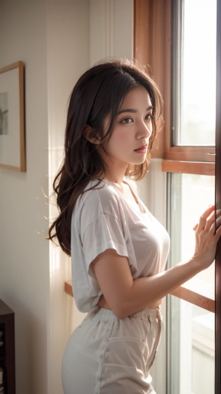 A model with disheveled hair wears a white T-shirt against a solid-colored backdrop near a glass window in a  living room. simple and elegant professional studio, backlit, high quality hyper realistic yet artsy painting, winner of the cgsociety competition, beautiful light composition, beautiful angle, smooth movement, winning photo, cute photo, powerful photo, backlit, Cosplay, bogeh background