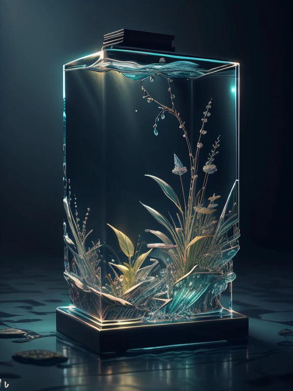 "High quality crystal carvings with natural aquatic plants inside, Pez dorado, agua, brillo, fancy, incredible details, masterpiece, de primera calidad, nffsw, 4k, 8k,".