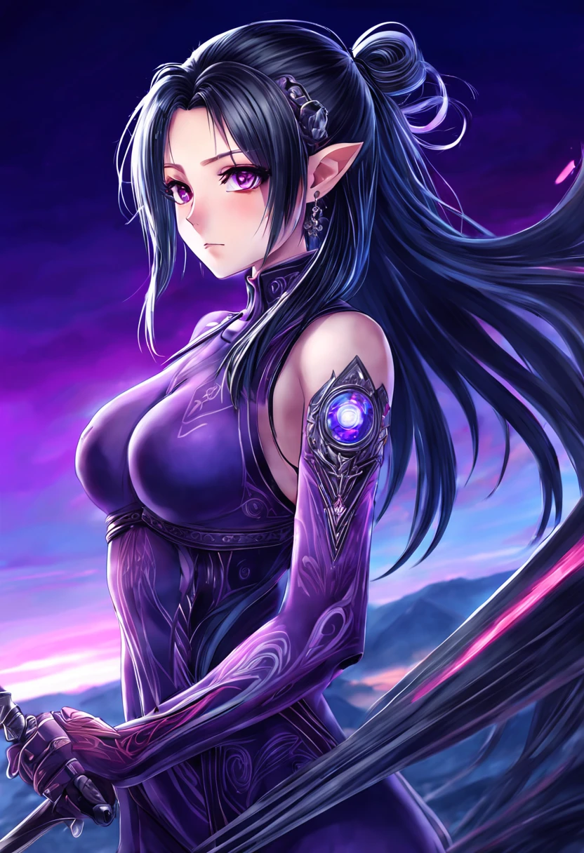 a girl with sinister eyes colored in purple, normal breast, wears very stylish combat outfits in anime, long black hair, she does not smile, with sinister background with sky in sight, on her outfit is clearly written "xenoblade "