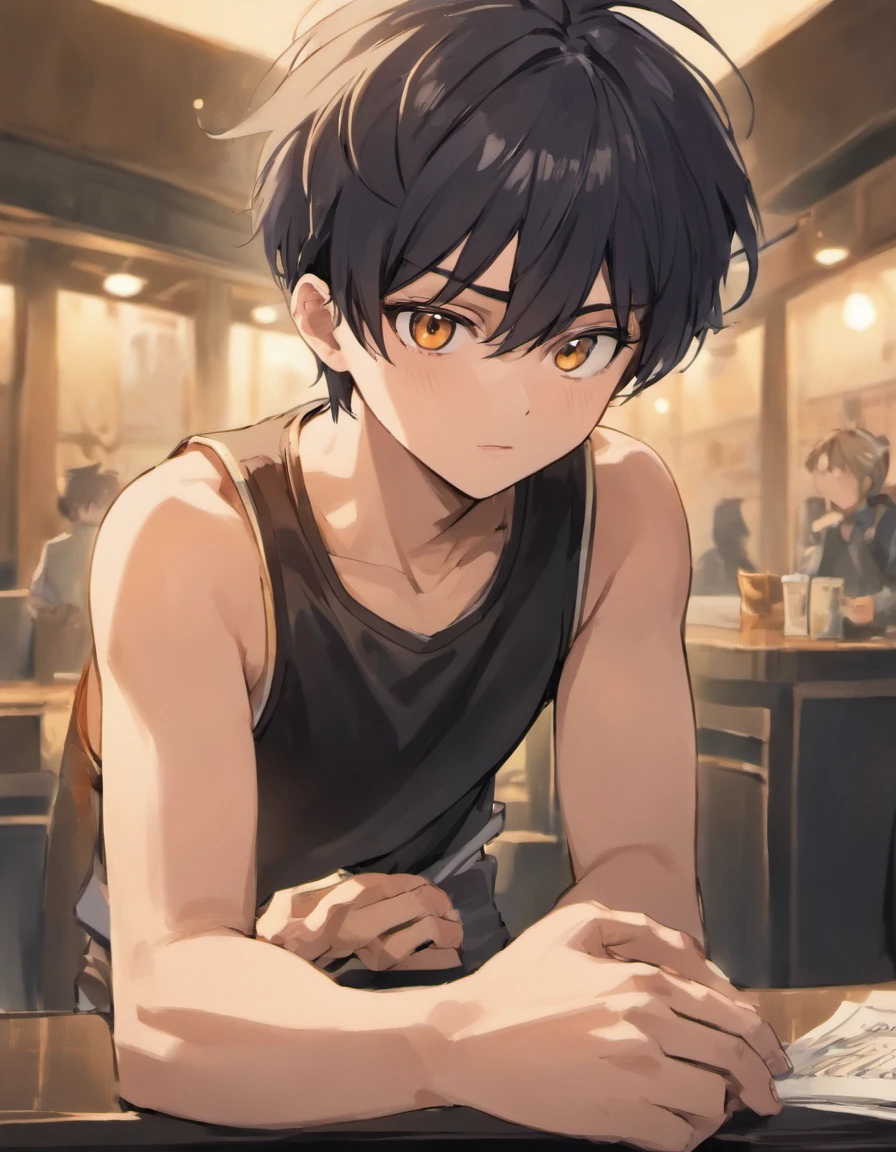 (table top,highest quality,ultras_become familiar with,High resolution,absurd),1 boy, male focus, 20&#39;person with black hair and black eyes. Medium tanned skin, a lot of freckles,  fluffy dark black hair, earrings. Strong appearance. Wear modern style clothes. embarrassed look. masculine. A little frivolous. スタッドearringsを着用, gray Tank top, and black sweatpants.