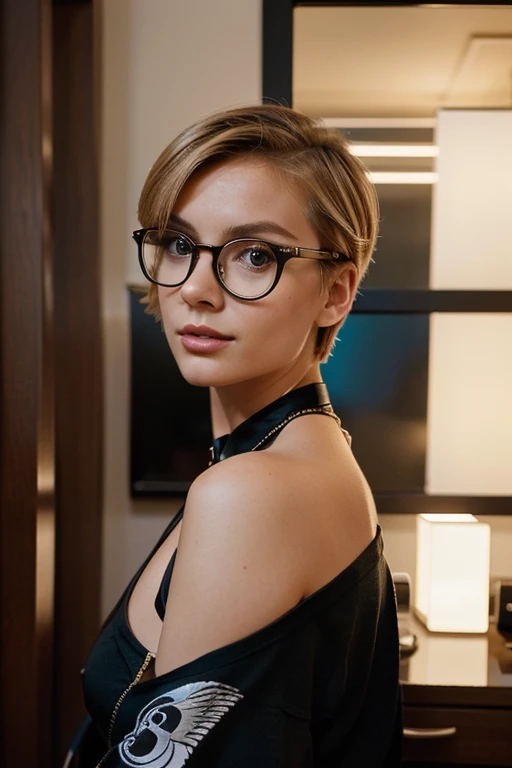 beautiful woman, big smile, short blonde hair, light makeup, glasses, hyperdetailed photography, dancing in disco, soft light, ultrarealistic