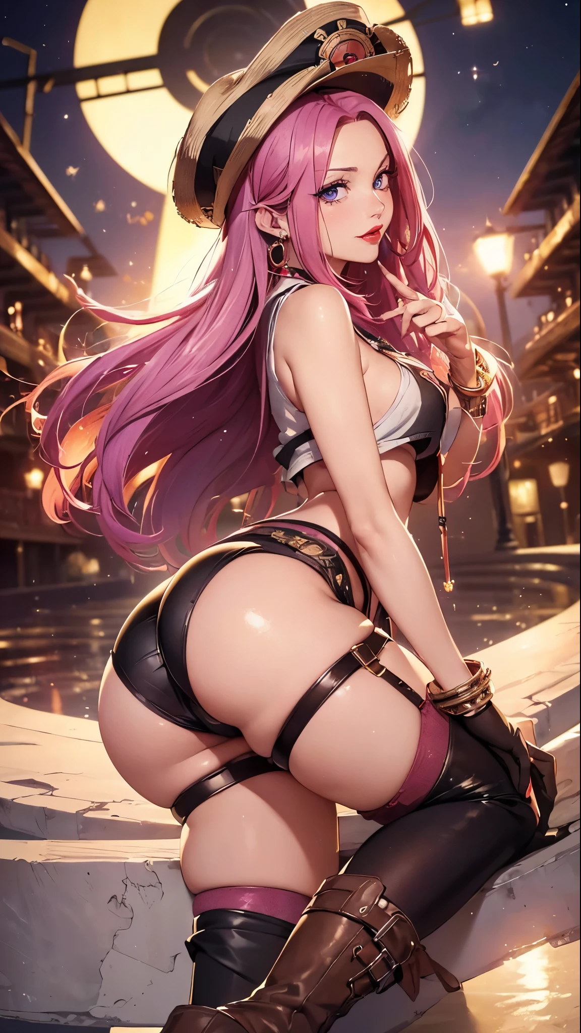 ((top-quality, 8K, masterpiece:1.3)), A detailed eye, (looking at from the front), Look at the camera, ((Everything is sparkling、reflecting light:1.2)), (Best Ratio: 4 fingers, 1 thumb), (portrait), (((Jewelry Bonney from One Piece))), JewelryBonneyV2, half body shot, light smile, 1girl, solo, cute face , long hair, pink hair, hat, ((slim girl, medium breasts, hyperdetailed lips)), red lips, (thighhighs, shorts, suspenders, boots, purple eyes), midriff, crop top, belt, suspender shorts, blushing, (back shot), (((suggestive ass shot))), cute face, (suggestive Lower angle shot),