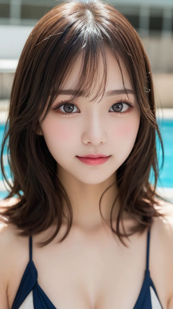 table top, highest quality, shape, Super detailed, finely, High resolution, 8k wallpaper, 完璧なダイナミックな構shape, inside the pool, beautiful and detailed eyes, swimsuit,bikini, ランダムなcute髪,,natural color lip, bold sexy pose,smile、20 year old girl、cute、sexy shot looking at camera,Always blur the background,perfect and beautiful face,Take only the face,beautiful and detailed face、slim face and style,Big eyes、Do gal makeup