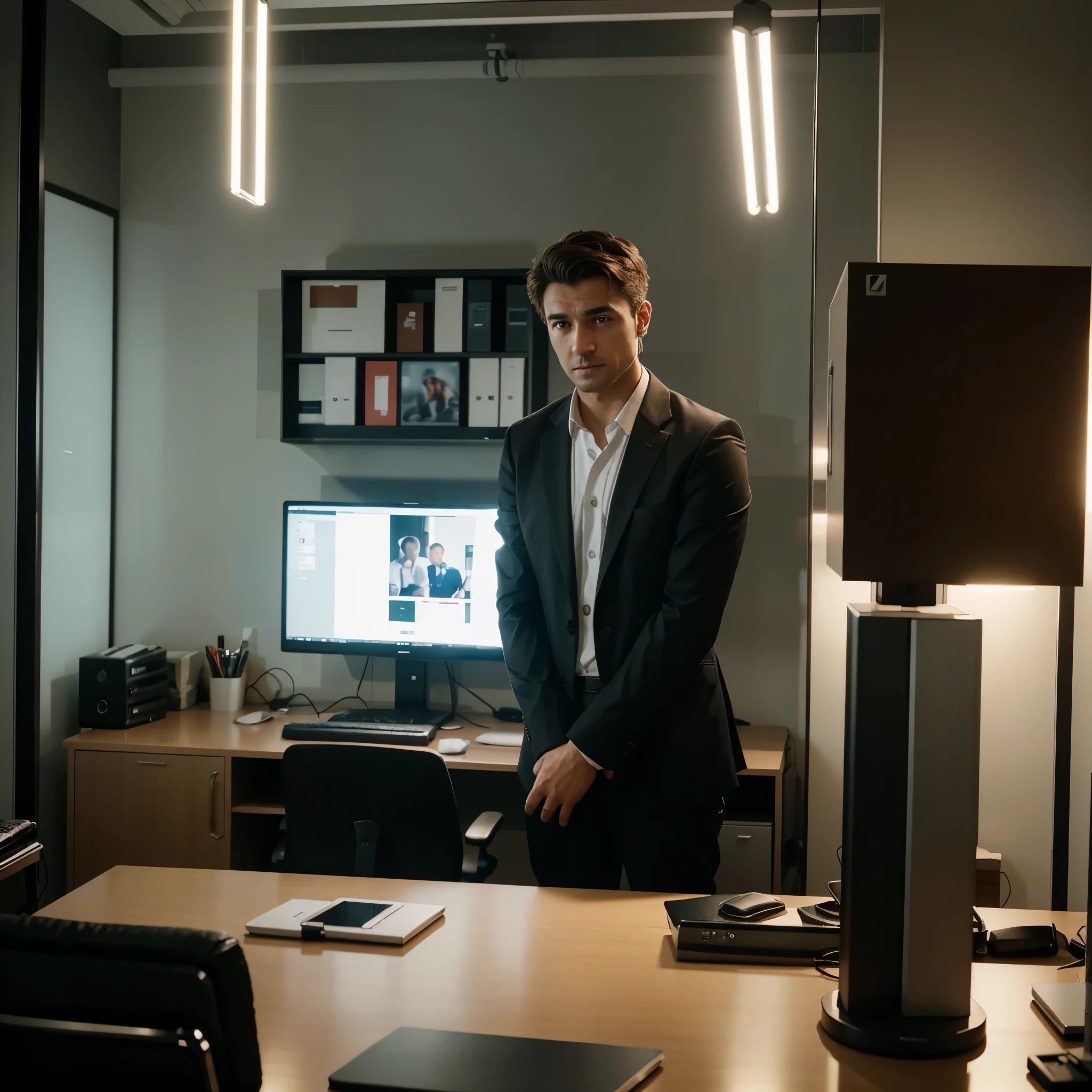 photograph of a business owner feeling sad and lost in his office and his employees in the background working desperately as they lack technical and professional skills. All this in a modern setting, new and luxurious office, uma imagem mais ampla e realista, as if it were an office in the city of São Paulo (High definition skin:1.2), 8K Ultra HD, dslr, soft lighting, alta qualidade, volumetric lighting, sincero, fotografia, high resolution, 4k, 8k, Bokeh