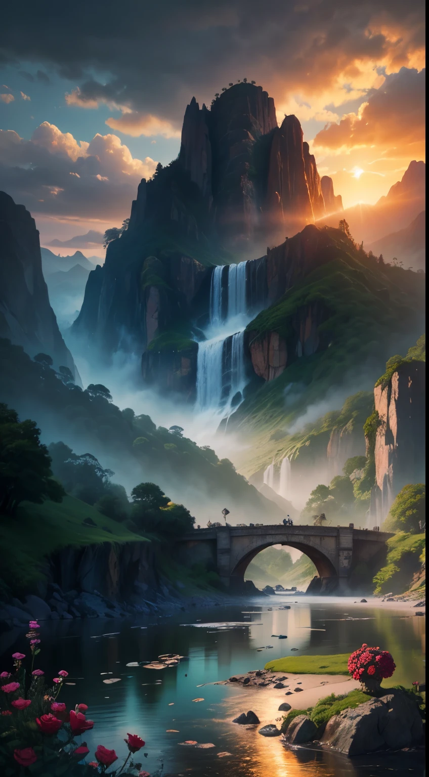 There is a large waterfall in the middle of a mountain, ancient city embedded in rock, epic matte painting of an island, the lost city in the jungle, an Aztec city on an island lake, ancient city landscape, intricate and beautiful concept art, highly realistic concept art oil painting style, (((masterpiece))), high quality, extremely detailed CG unity 8k wallpaper, landscapes, outdoors, sky, cloud, nobody, mountain, landscape, water, tree, sunset sky with red and orange clouds, cliff waterfall, nature, lake, river, cloudy sky, award-winning photography, bokeh, depth of field, HDR, bloom, chromatic aberration, trending on artstation, trending on CGsociety, intricate, dramatic, midway art , high waterfall, painting of a river with rocks and trees in the foreground, near a river, jungle, crystal clear water, night light, evening sun behind red clouds with divergent sun rays, colorful, river with rocks, rock bridge , epic, fantasy, ((roses and flowers on the banks of the pond)), ((oil painting)), ((bridge rock))