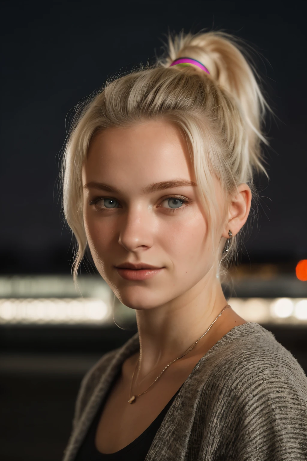 Close-up shot, 55mm canon lens, volumetric lighting, Fujifilm XT3 lens, upper body portrait, a young teenager from Russia, 22 years old, happy, cute face, albino skin, blonde eyebrow, very light blonde hair, ponytail haircut, wearing contemporary clothes, Norwegian city in the background, signs, neon, cold night, High resolution image, detailed texture, realistic depth of field