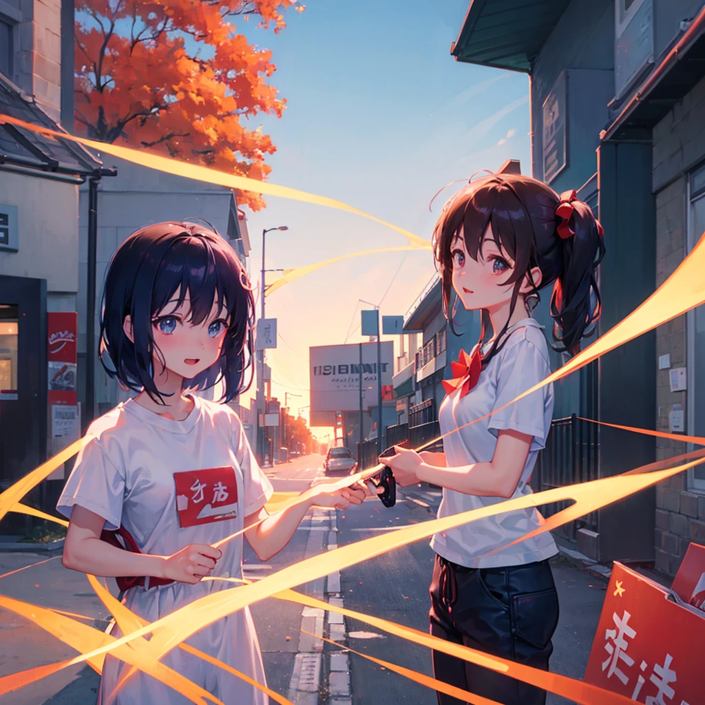 Capturing the essence of (Taki boy) and (Mitsuha's girl) emotional connection during the twilight twilight festival,high res, ultrasharp, 8K, masterpiece, looking at viewer
