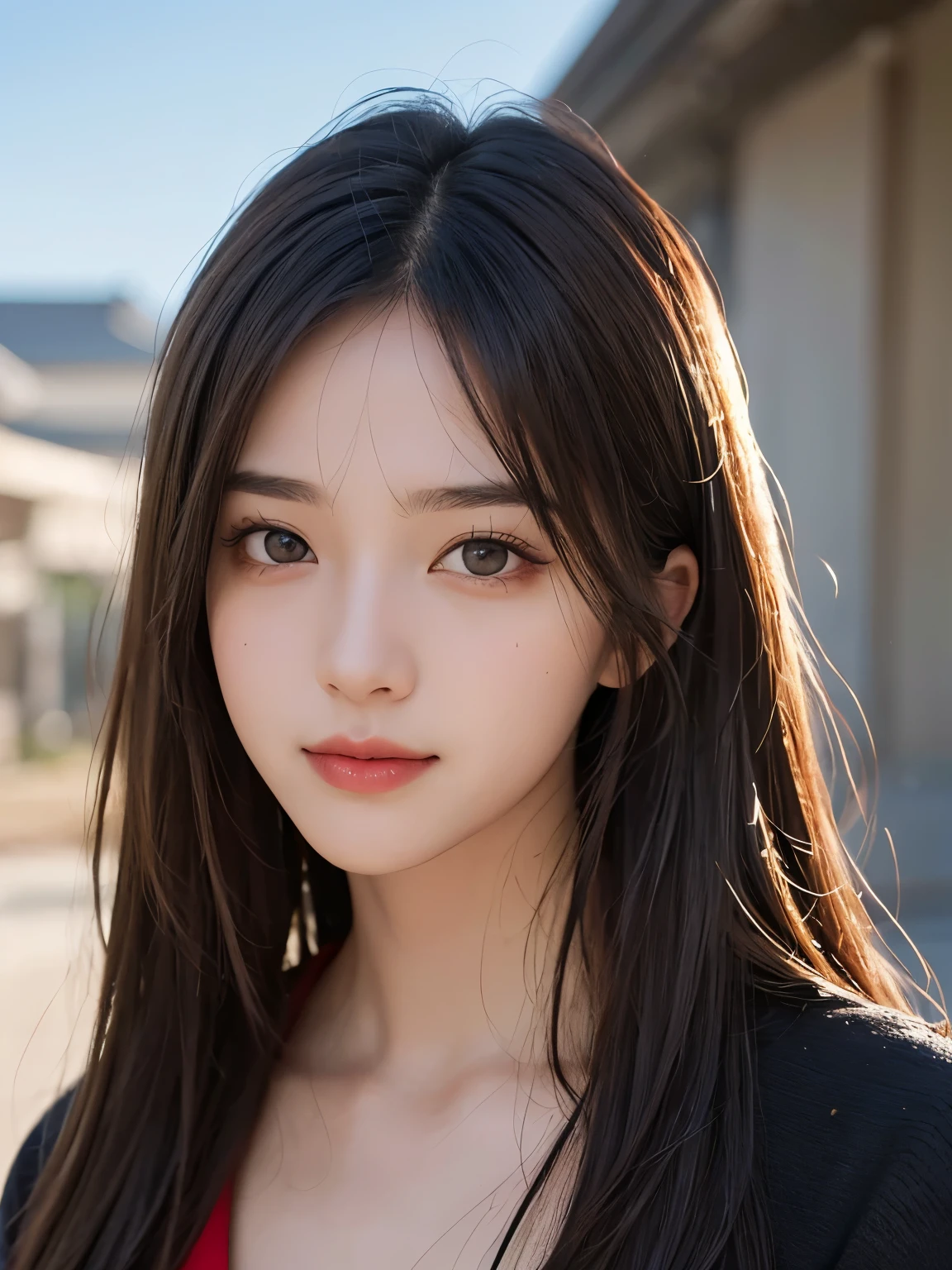 masterpiece, best picture quality, high quality, beautiful girl, Japanese, Japanese school girl, popular Korean makeup, detailed, swollen eyes, detailed eyes, detailed skin, beautiful skin, ultra high resolution, (reality: 1.4), very beautiful, slightly younger face, beautiful skin, slender, (ultra realistic), (illustration), (high resolution), (8K), (highly detailed), (best illustration), (beautifully detailed eyes), (super detailed), (wallpaper), (detailed face), looking at viewer, fine details, detailed face, pureerosfaceace_v1, smiling, looking straight ahead, looking straight ahead, angle from waist up, realistic photo, bright lighting, professional lighting, blonde, long hair, dark ruins, big red moon, gorgeous red and black dress, mature woman, long stylish bangs,キスショット・アセロラオリオン・ハートアンダーブレード