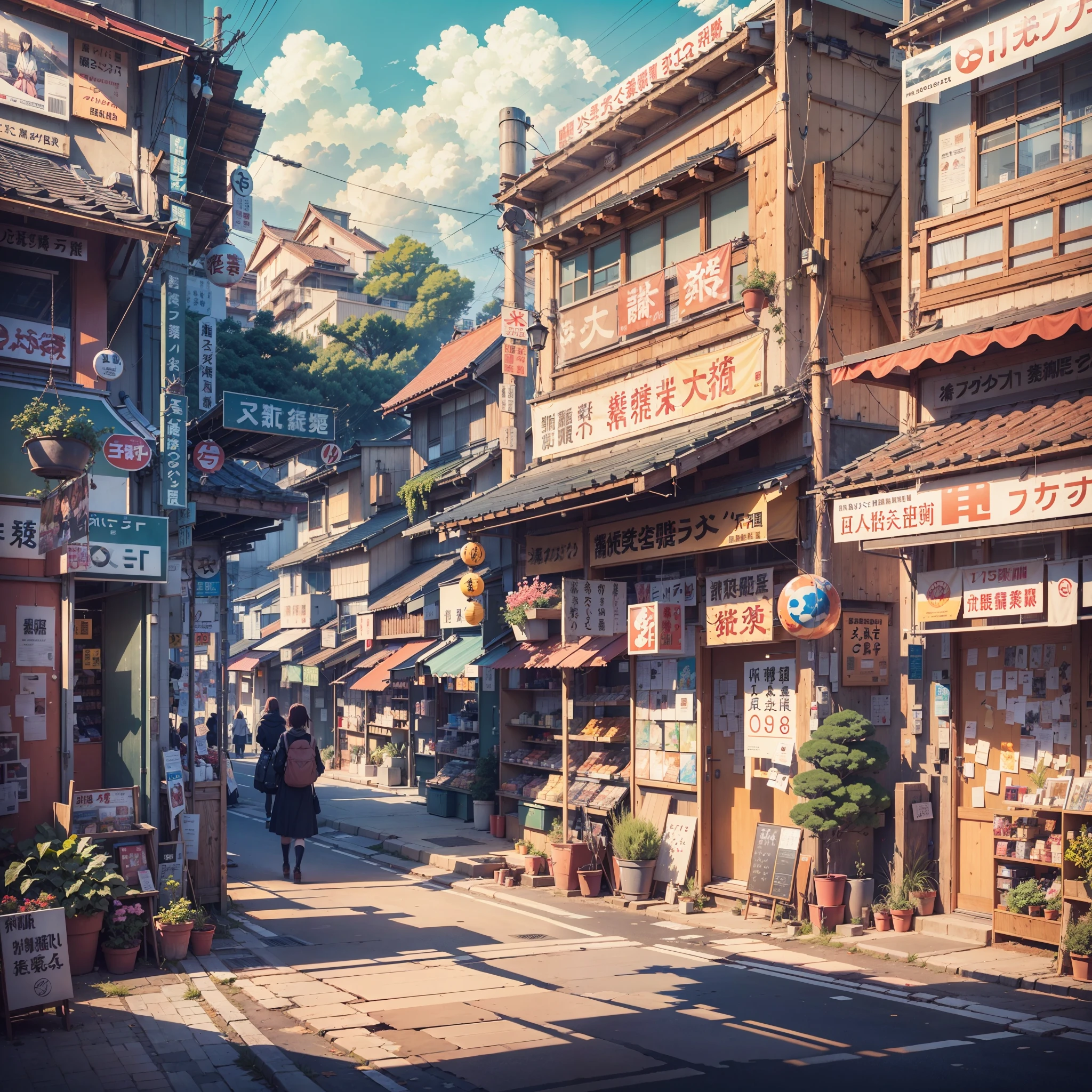 sunny, beautiful weather. modern Japanese city street, japanese shop. Best quality. No one in sight. Anime. Anime style. lofi. dramatic weather. wide view, wide angle. Next to street. Modern village