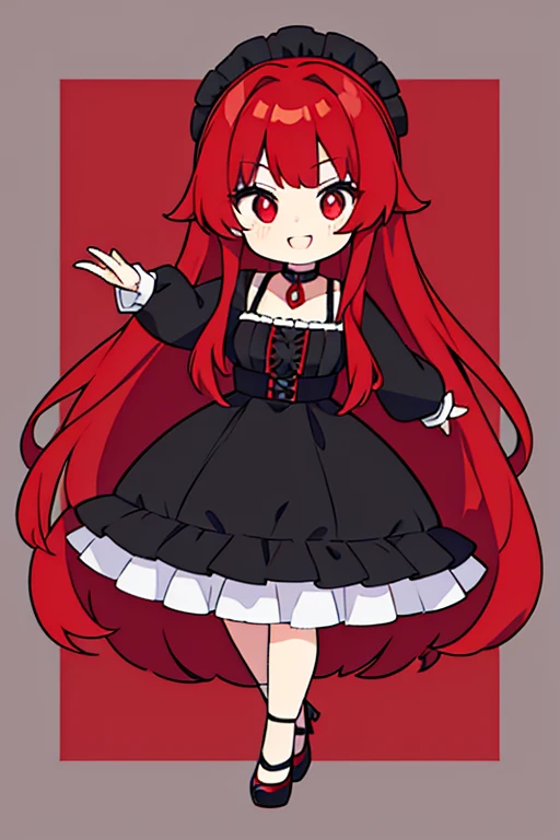 with red hair and red eyes, black clothing, black shoes, Lolita, long hair, joyful face, big hips, young woman, solo