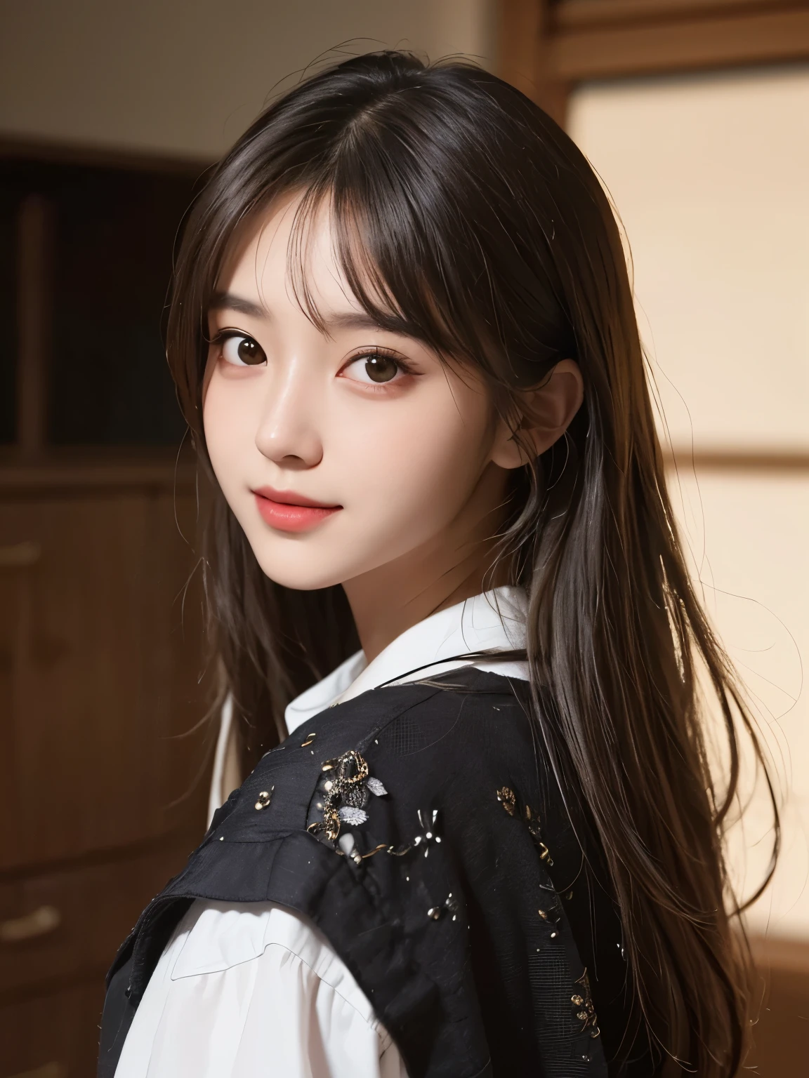 masterpiece, best picture quality, high quality, beautiful girl, Japanese, Japanese school girl, popular Korean makeup, detailed, swollen eyes, detailed eyes, detailed skin, beautiful skin, ultra high resolution, (reality: 1.4), very beautiful, slightly younger face, beautiful skin, slender, (ultra realistic), (illustration), (high resolution), (8K), (highly detailed), (best illustration), (beautifully detailed eyes), (super detailed), (wallpaper), (detailed face), looking at viewer, fine details, detailed face, pureerosfaceace_v1, smiling, looking straight ahead, looking straight ahead, angle from waist up, realistic photo, bright lighting, professional lighting, blonde, long hair, dark ruins, big red moon, gorgeous red and black dress, mature woman, long stylish bangs,キスショット・アセロラオリオン・ハートアンダーブレード