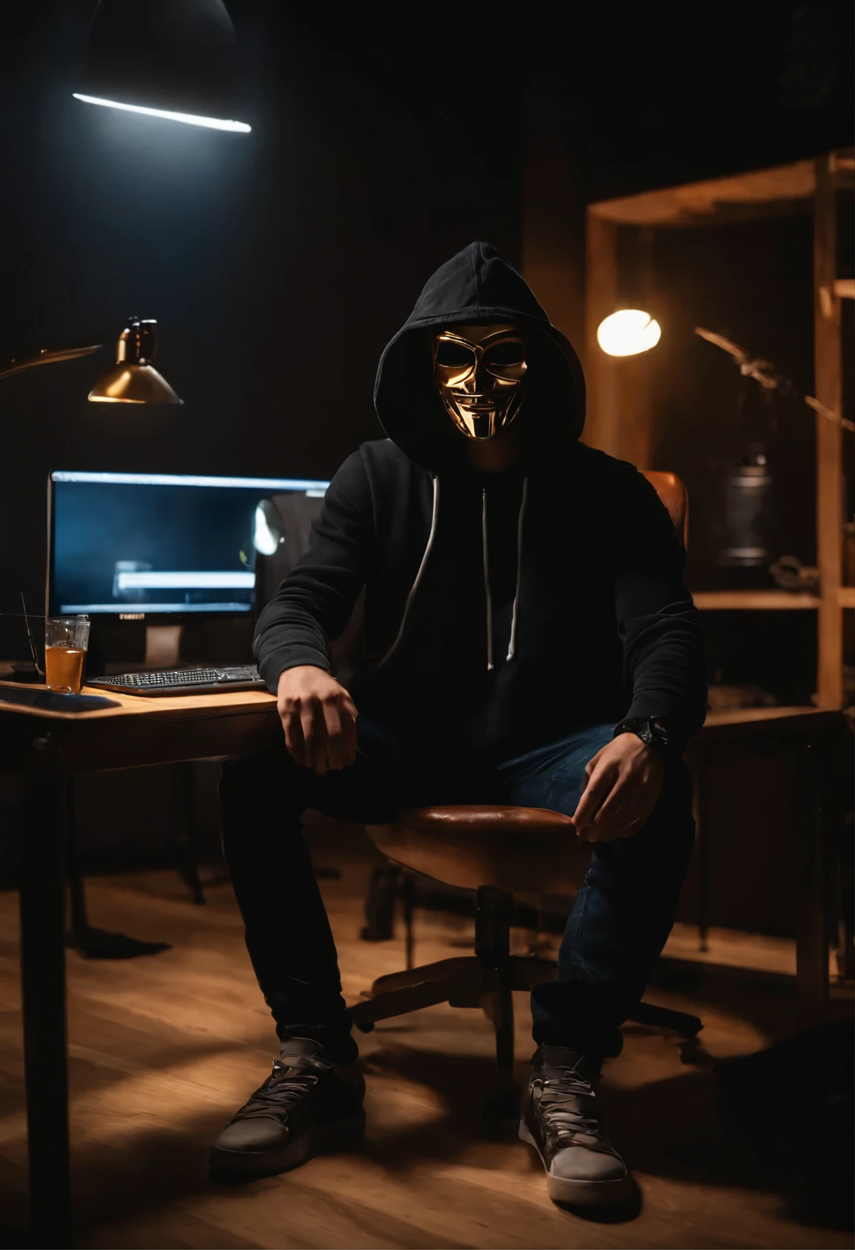 Generate picture of young hacker. He is sitting on the wooden chair in front of computer in dark, small, typical room. Computer is on the desk. Close to the computer on the desk there is bottle of beer. This room is designed in stylish, youth way. This hacker is dressed in dark hoodie and typical, traditional jeans. He has golden maks on his face. This mask is ideally attached to his face.