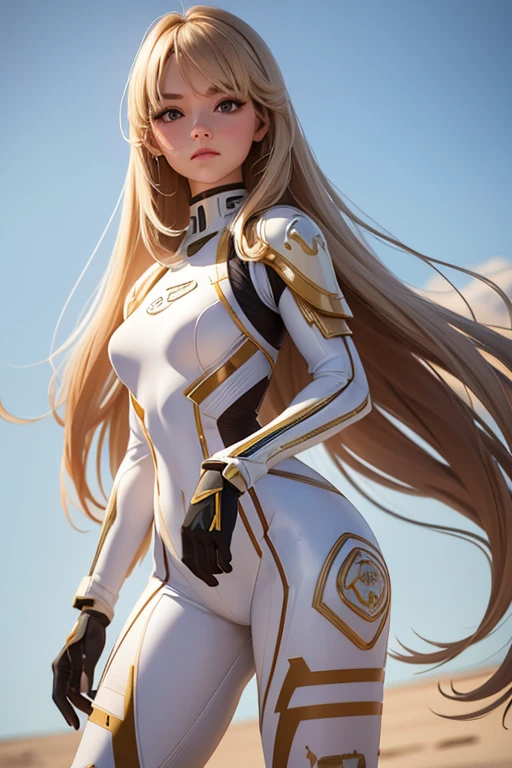 Best quality, 8k, pastel colors, woman,long hair, looking to observer,imperial soldier warrior,beige hi-tech armor over brown sheer nylon catsuit, static pose, white scenario
