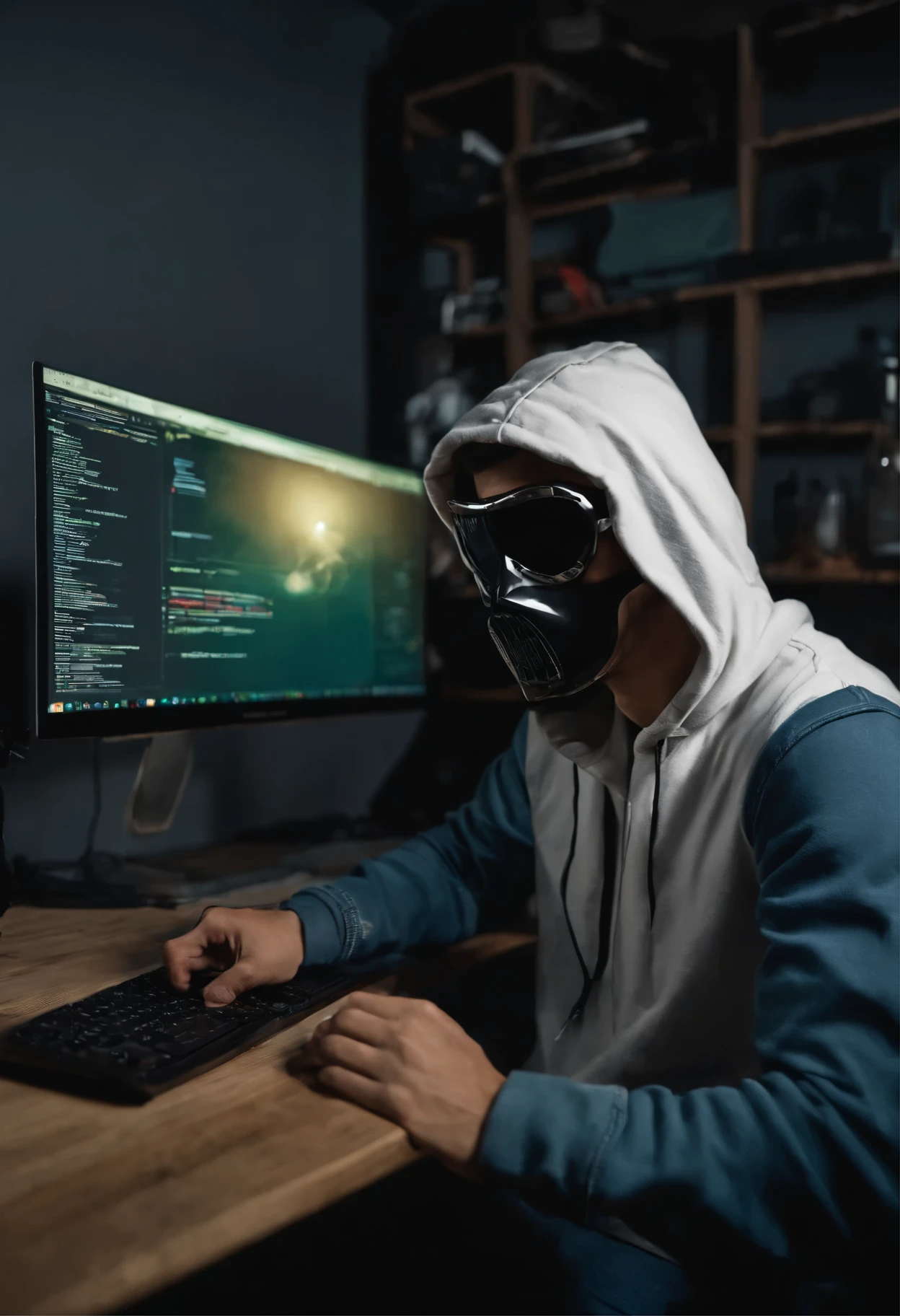 Generate picture of young hacker. He is sitting on the wooden chair in front of computer in dark, small, typical room. Computer is on the desk. Close to the computer on the desk there is bottle of beer. This room is designed in stylish, youth way. This hacker is dressed in dark hoodie and typical, traditional jeans. He has golden maks on his face. This mask is ideally attached to his face.