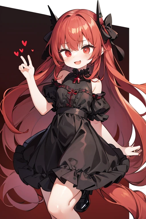 with red hair and red eyes, black clothing, black shoes, Lolita, long hair, joyful face, big hips, young woman, solo