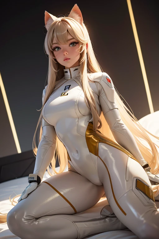 Best quality, 8k, pastel colors, woman,long hair, looking to observer,imperial soldier warrior,beige hi-tech armor over brown sheer nylon catsuit, static pose, white scenario