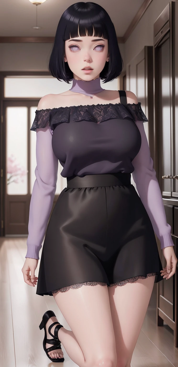 (masterpiece) (huge titusty, masterpiece, absurdres, hinata\(boruto\), 1girl, solo,mature female, off-shoulder bra, high waist short skirt, looking at viewelling petals), perfect composition, detailed lips, big breast, beautiful face, body propotion, blush, (pink lips), short hair, (black hair), purple eyes, soft gaze, super realistic, detailed, photoshoot, realistic face and body, closed mouth, , lilac eyes, full body, lace clothes,  walking on the floor with black shoes