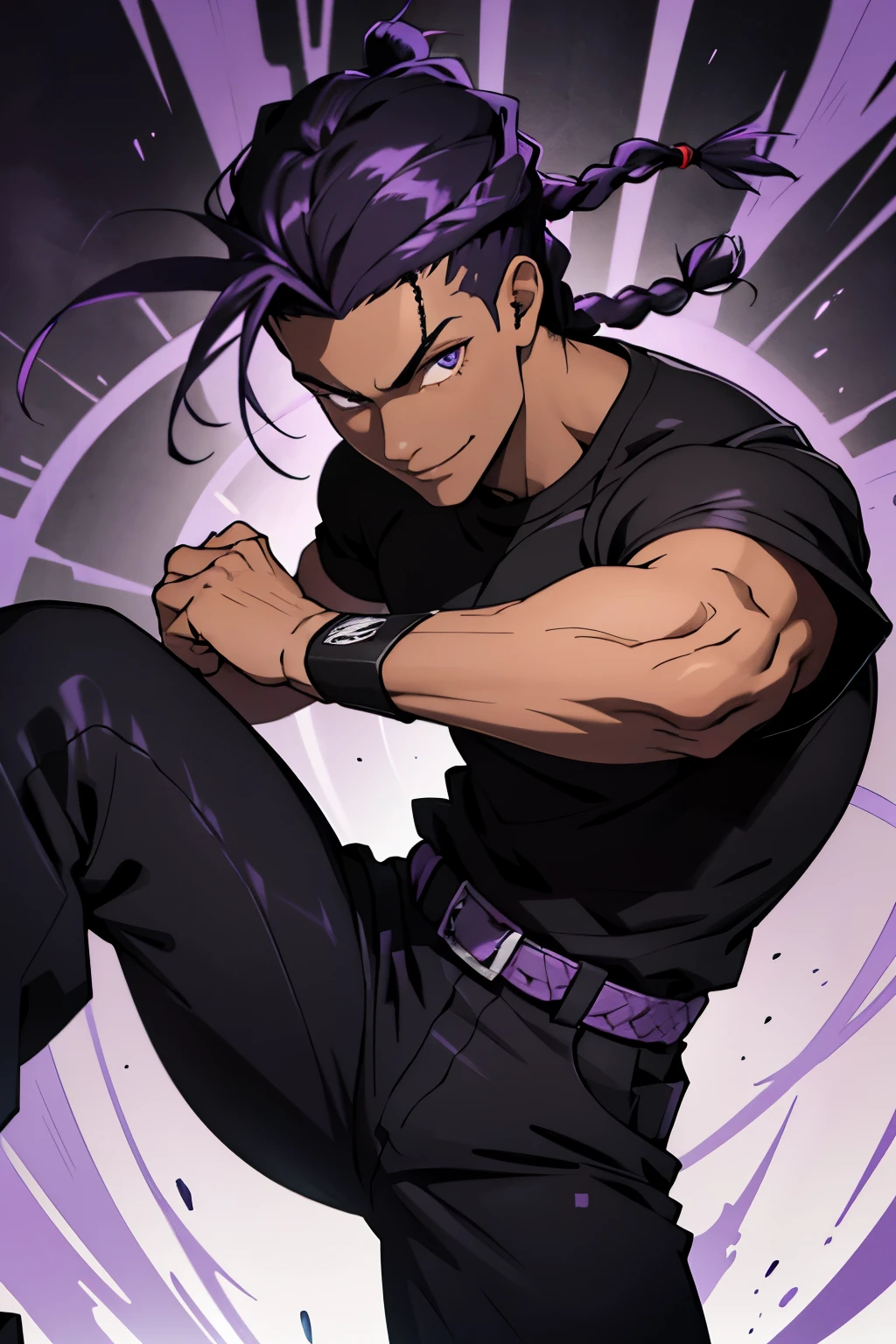 black young man, black and purple hair with two braids, olhos purpura, camiseta branca, black pants, sorriso arrogante, hunter's eyes, face calma, fight pose, negro, lindo
