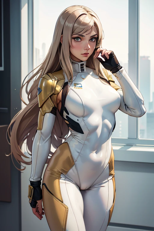 Best quality, 8k, pastel colors, woman,long hair, looking to observer,imperial soldier warrior,beige hi-tech armor over brown sheer nylon catsuit, static pose, white scenario