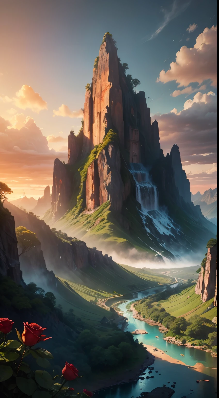 There is a large waterfall in the middle of a mountain, ancient city embedded in rock, epic matte painting of an island, the lost city in the jungle, an Aztec city on an island lake, ancient city landscape, intricate and beautiful concept art, highly realistic concept art oil painting style, (((masterpiece))), high quality, extremely detailed CG unity 8k wallpaper, landscapes, outdoors, sky, cloud, nobody, mountain, landscape, water, tree, sunset sky with red and orange clouds, cliff waterfall, nature, lake, river, cloudy sky, award-winning photography, bokeh, depth of field, HDR, bloom, chromatic aberration, trending on artstation, trending on CGsociety, intricate, dramatic, midway art , high waterfall, painting of a river with rocks and trees in the foreground, near a river, jungle, crystal clear water, night light, evening sun behind red clouds with divergent sun rays, colorful, river with rocks, rock bridge , epic, fantasy, ((roses and flowers on the banks of the pond)), ((oil painting)), ((bridge rock))