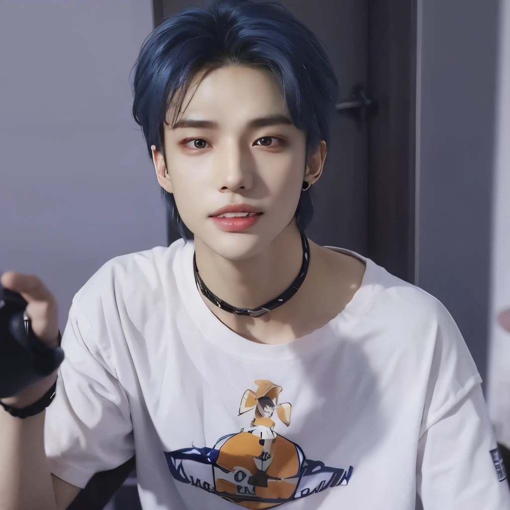 Hombre arafed con cabello azul y camisa blanca sentado en una silla., cai xukun, Jung Jaehyun, kim doyoung, yanjun chengt, inspirado en Bian Shoumin, xqc, con el mismo peinado, kanliu666, pale korean adorable face, hyung tae, Jinyoung Shin, sha xi, inspirado en Yanjun Cheng