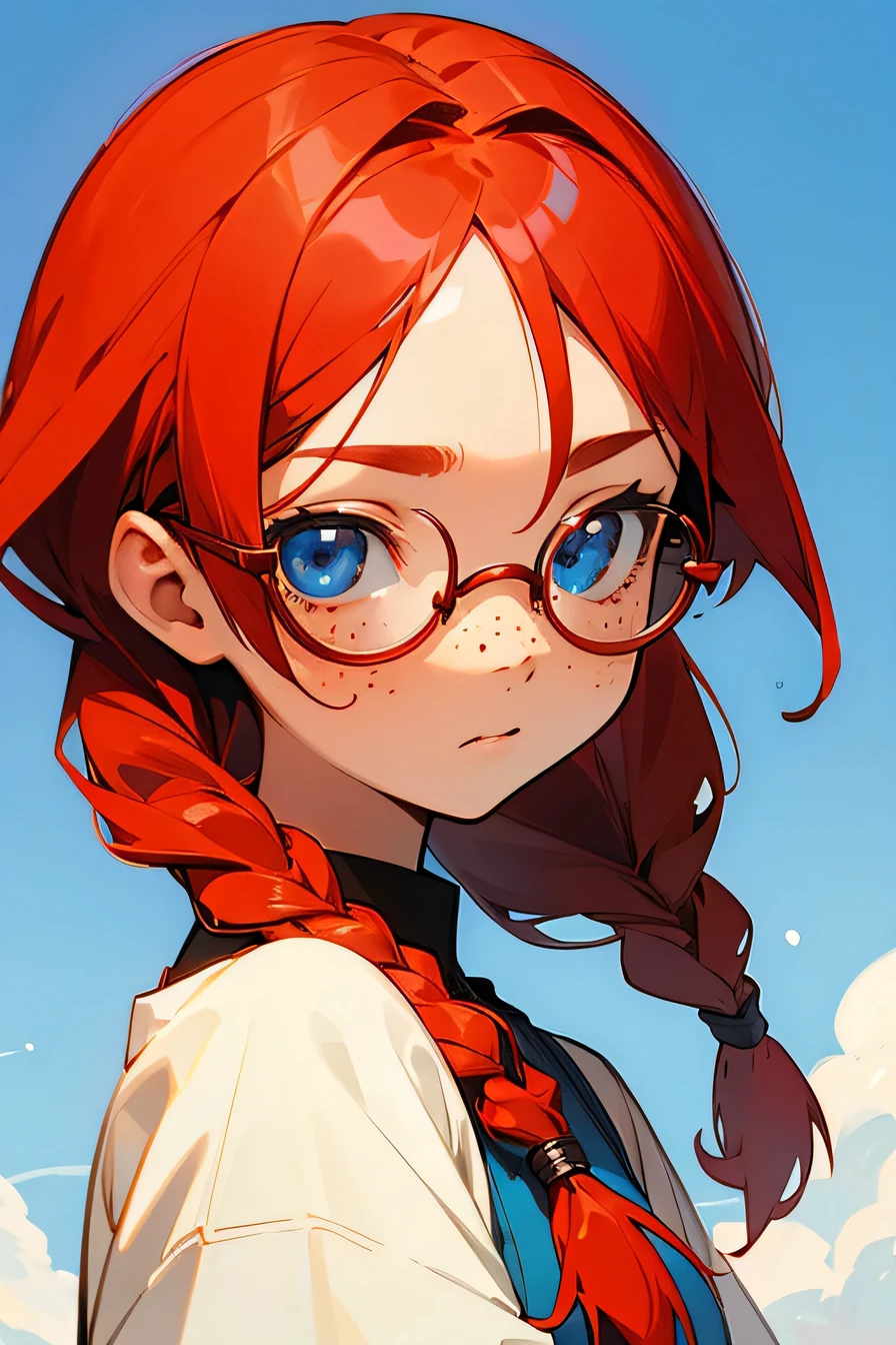 13 years old、girl、redhead、freckles、slightly tanned skin、round glasses、Braid、sky blue eyes、droopy eyes、2D illustration、