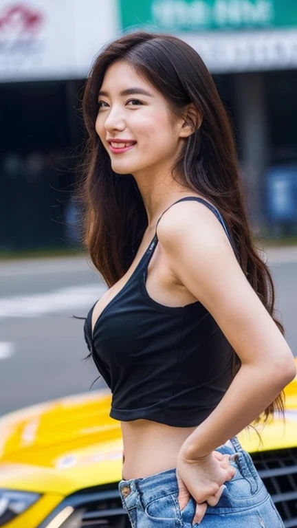 Highly detailed CG Unity 8K wallpaper, highest quality, Super detailed, masterpiece, realistic, photo realistic, Highly detailed cute girl, 25 years old, (whole bodyからつま先まで:1.4)、(whole body)、(whole body to toes)、(shot from the side)、(sitting on the hood of a car)、(lace queen)、(sexy pose),(model pose)、(big breasts)、(big ass)、(smile at the camera)、
(Sponsored and wearing grid girl costume'logo is printed.:1.3), (shorts) , (sitting in a motorsport race), (cleavage), smile ,whole bodyショット ,(Side view)、(side shot)、(smile at the camera)、