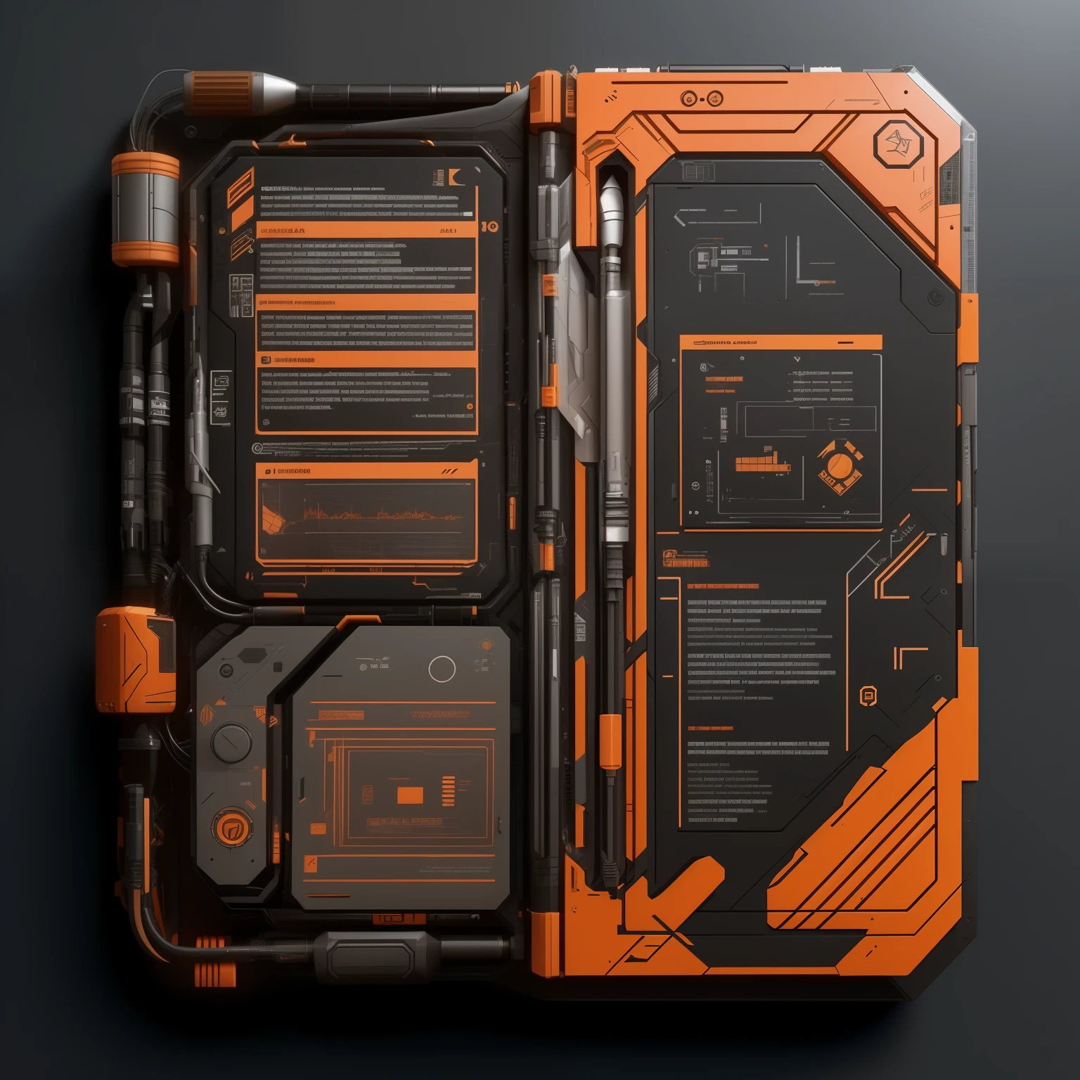 um close de uma caixa futurista laranja e preta com um teclado, computador sci-fi, hard surface 3 d, dystopian sci-fi gadgets, design scifi, sci-fi altamente detalhado, zbrush hard surface, hard surface modelling, hard surface, hard surface concept art, houdini-hard-surface, Sci - Equipamentos de FI, Sci - Detalhes da FI