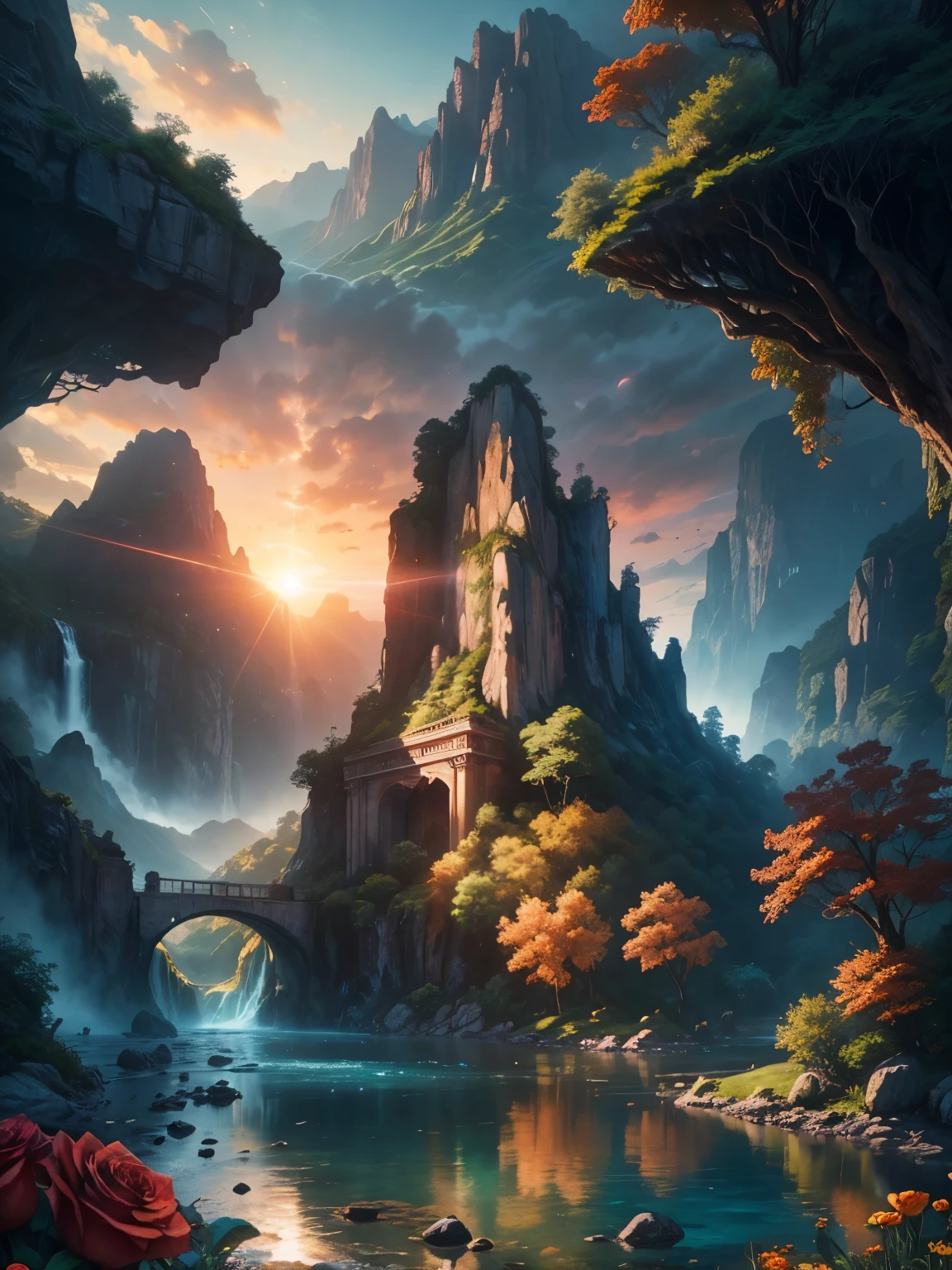 There is a large waterfall in the middle of a mountain, ((ancient city embedded in rock)), epic matte painting of an island, the lost city in the jungle, an Aztec city on an island lake, intricate and beautiful concept art, highly realistic concept art oil painting style, (((masterpiece))), high quality, extremely detailed CG unity 8k wallpaper, landscapes, outdoors, sky, cloud, nobody, mountain, landscape, water, tree, sunset sky with red and orange clouds, cliff waterfall, nature, lake, river, cloudy sky, award-winning photography, bokeh, depth of field, HDR, bloom, chromatic aberration, trending on artstation, trending on CGsociety, intricate, dramatic, midway art , high waterfall, painting of a river with rocks and trees in the foreground, near a river, jungle, crystal clear water, night light, evening sun behind red clouds with divergent sun rays, colorful, river with rocks, rock bridge , epic, fantasy, ((roses and flowers on the banks of the pond)), ((oil painting)), ((bridge rock))