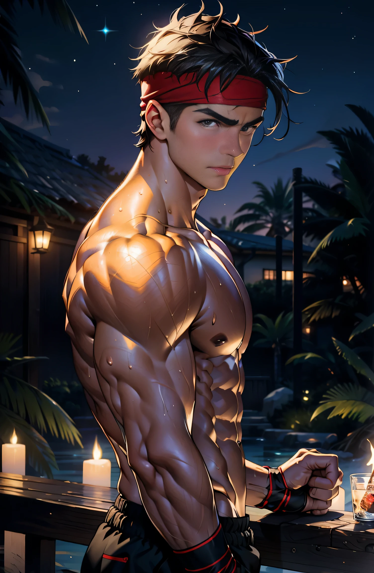 (masterpiece, highest quality, 18 year old boy, 8K, super detailed), ((From the side), (Upper body), Eye of the worm, thin lips), (1 boy, alone), young, (teenager), (dark short straight hair, undercut, brown eyes), Upper body裸, topless, (red headband, ((Black Gauntlet))), (Depth of bounds written:1.2), (abs, chest, upper arm, farm, shoulder), (topless male), man with martial arts stance, motionless body, (starry night), Sweat, fighting pose