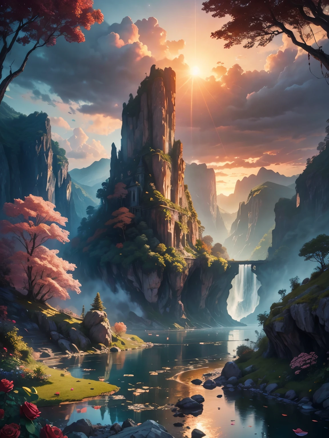 There is a large waterfall in the middle of a mountain, ((ancient city embedded in rock)), epic matte painting of an island, the lost city in the jungle, an Aztec city on an island lake, intricate and beautiful concept art, highly realistic concept art oil painting style, (((masterpiece))), high quality, extremely detailed CG unity 8k wallpaper, landscapes, outdoors, sky, cloud, nobody, mountain, landscape, water, tree, sunset sky with red and orange clouds, cliff waterfall, nature, lake, river, cloudy sky, award-winning photography, bokeh, depth of field, HDR, bloom, chromatic aberration, trending on artstation, trending on CGsociety, intricate, dramatic, midway art , high waterfall, painting of a river with rocks and trees in the foreground, near a river, jungle, crystal clear water, night light, evening sun behind red clouds with divergent sun rays, colorful, river with rocks, rock bridge , epic, fantasy, ((roses and flowers on the banks of the pond)), ((oil painting)), ((bridge rock))