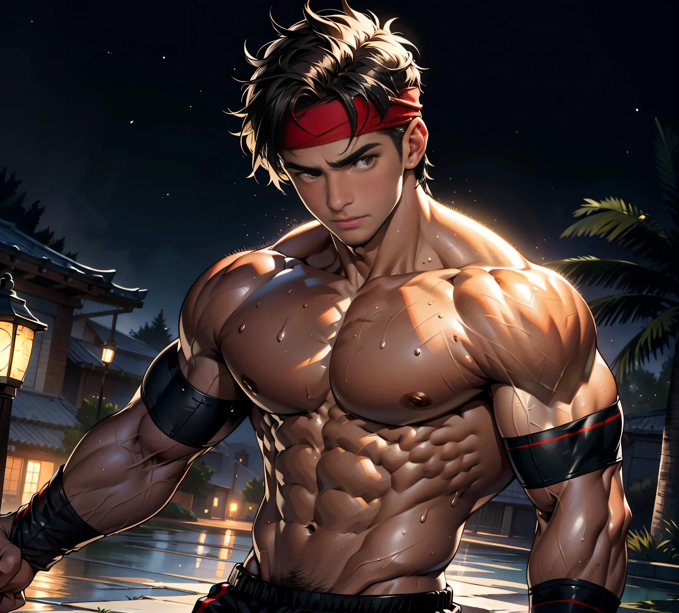 (masterpiece, highest quality, 18 year old boy, 8K, super detailed), ((Upper body), Eye of the worm, thin lips), (1 boy, alone), young, (teenager), (dark short straight hair, undercut, brown eyes), Upper body裸, topless, (red headband, ((Black Gauntlet))), (Depth of bounds written:1.2), (abs, chest, upper arm), (topless male), man with martial arts stance, motionless body, (starry night), Sweat, action pose