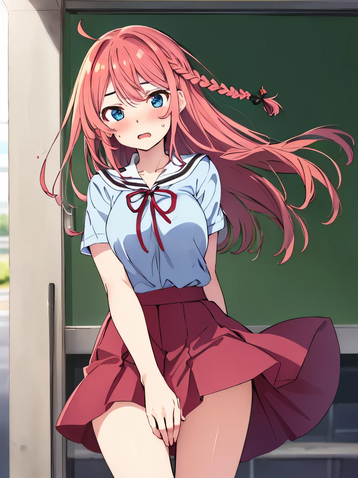 2d, masterpiece, best quality, anime, highly detailed, cowboy shot, 1girl, solo, fujiwara chika, blue eyes, pink hair, hair bow, black bow, school uniform, summer uniform, large breasts, standing, indoors, hallway, :dMafuyukirisu, (blue eyes, braid, long hair, twin braids, pink hair), nude, (pussy:1.2)
BREAK , (miniskirt:1.2), sitting, (look from below), ((arms behind on back)), no panties, (clitoris), (crotch cutout), wild lift
BREAK looking at viewer, (school uniform)
BREAK, yard
BREAK (masterpiece:1.2), best quality, perfect super ultra high resolution, unity 8k wallpaper, (illustration:0.8), (beautiful detailed eyes:1.6), extremely detailed face, perfect lighting, extremely detailed CG, (perfect hands, perfect anatomy,1womanl,Brown hair,Red ribbons ,((Impatient expression)),Beautiful breasts,White shirt,Red dress,well-styled,,(Facing the front)(((Blushing cheeks、embarassed expression)),(((The skirt is rolled up by the wind)))