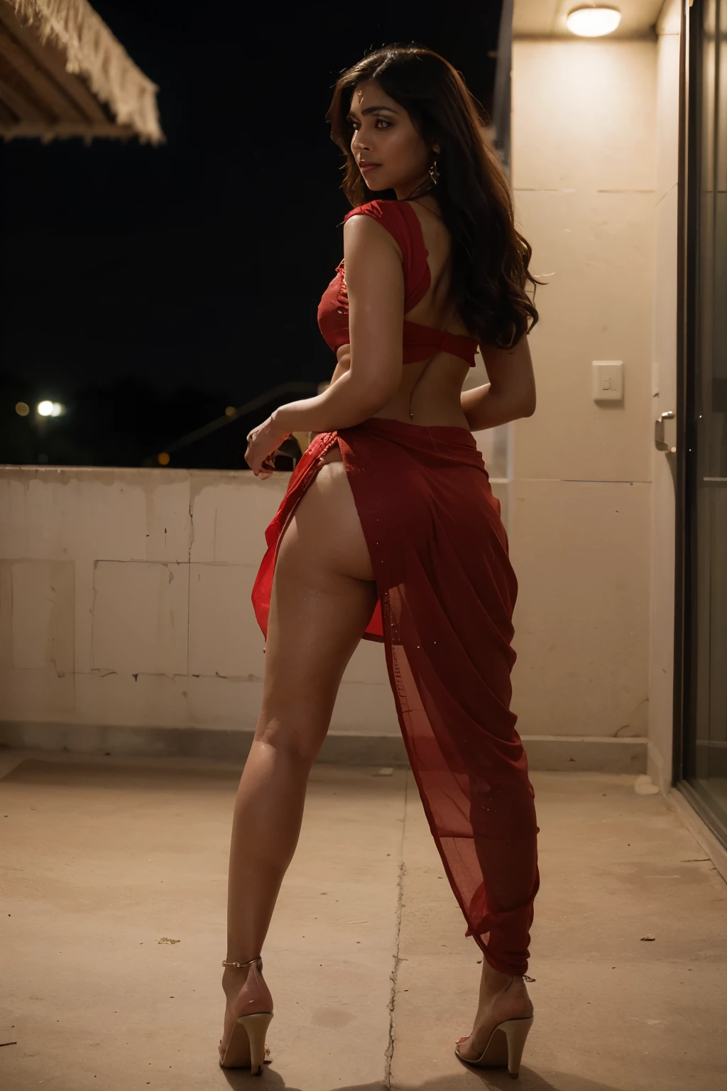 Best quality, masterpiece, super high resolution, The world's most beautiful Hindu Nymph, standing wearing high heels and red saree on wedding night. She is showing her pussy by lifting her saree up and spreading her ass showing her pussy.
