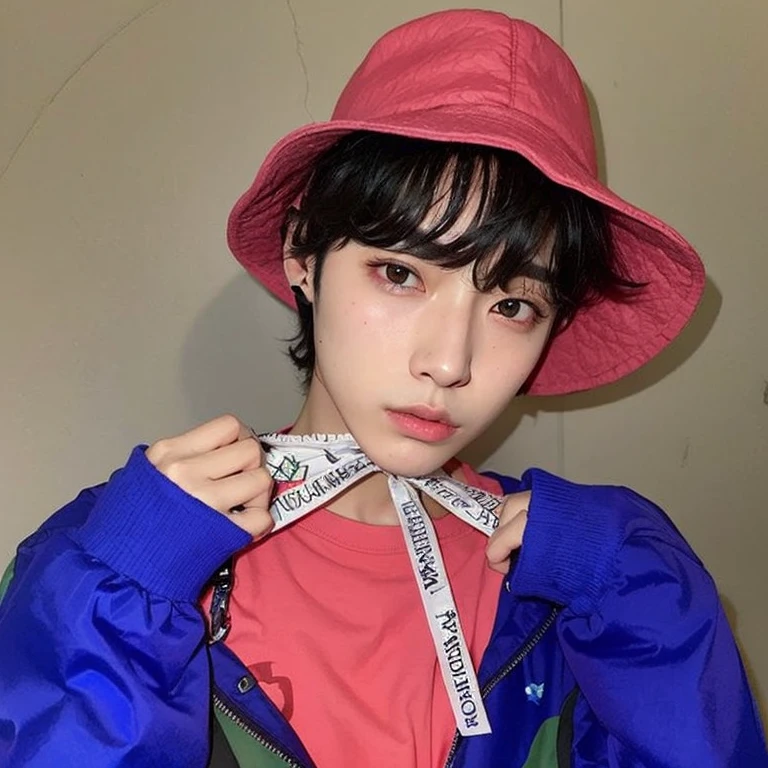 chico arafed con un sombrero rosa y una chaqueta azul., pale korean adorable face, choi chanhee, theboyz new, rostro afeminado, cara delicada, rostro limpio, chico delicado, chico bonito , pintar ulzzang, puchero