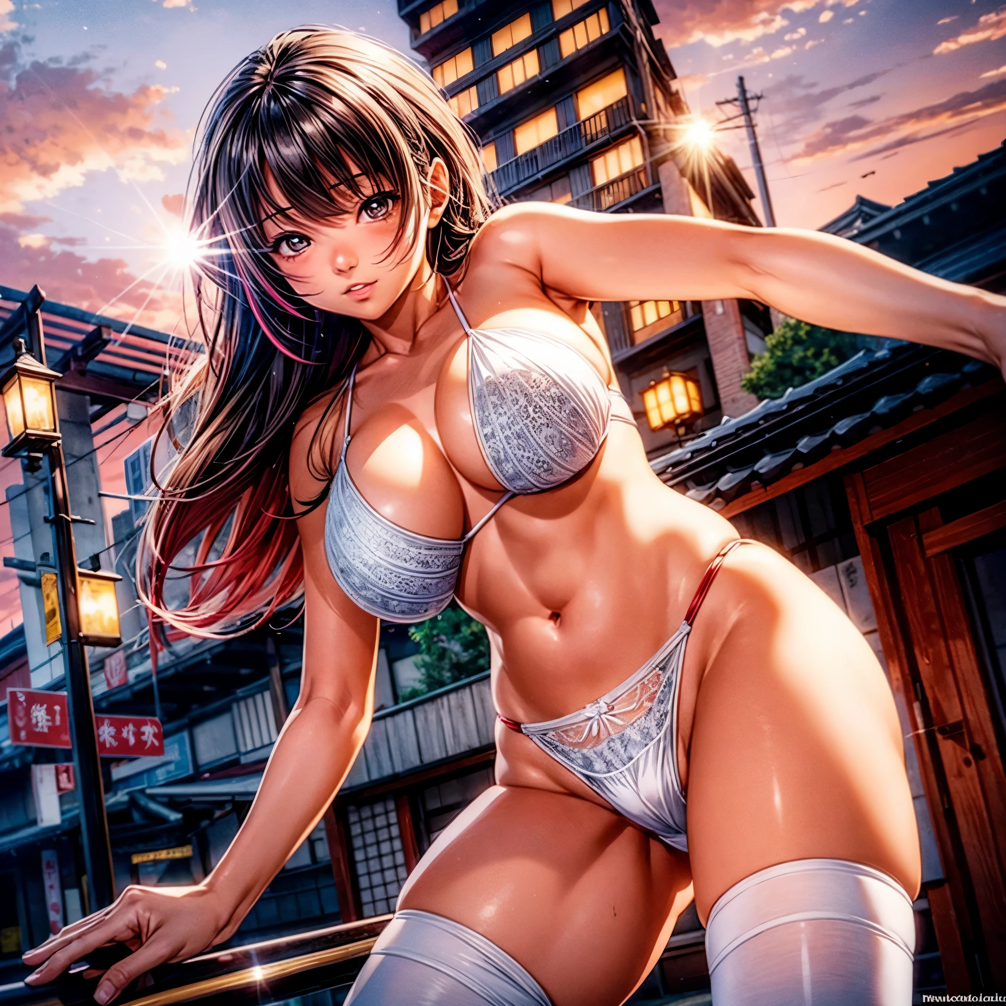 ((NSFW:-0.95)), (((nipple:-0.9))), ((Acutance:0.85)), (from below) . The background is the downtown area at (Twilight:1.4), (((Red-dyed clouds above hed:1.2))), { Skyscrapers Shining in the setting sun | (many colorful Lights:1.2) | (lens flare) | Burning | heyz | luminous Particles | Mystic sight } . (Masterpiece:1.2) of professional Analog photo with Hasselblad open aperture, (((realistic and photorealistic with touch of rawness:1.37))), physically-based 3D rendering with ultra-detailed. (((Hakata Gion Ymakasa, A KAWAII girl in WHITE Fundoshi))), A Number of girls watching .