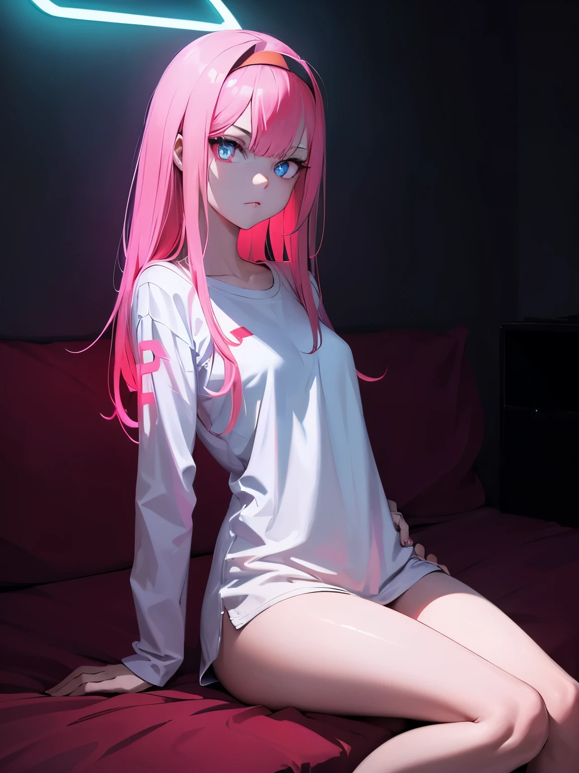 Zero two wearing only a large sweetshirt sitting on bed, leds on wall, dark room, ((neon eyes)), masterpiece, very neon, posing