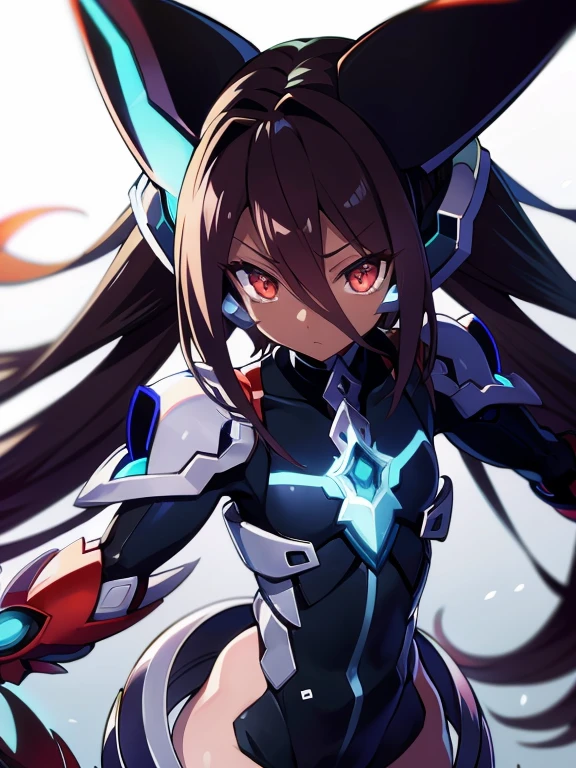 Anime figure, Masterpiece, best quality, highres, amazing quality, flat chested, (male), (8 year old boy), ((shota)), (Dark skin), cute, red eyes, medium hair with long dark brown hair, black exosuit, black gaunlets, long point headgear, black mecha musume, close up, ((blazblue black murakumo unit armour))