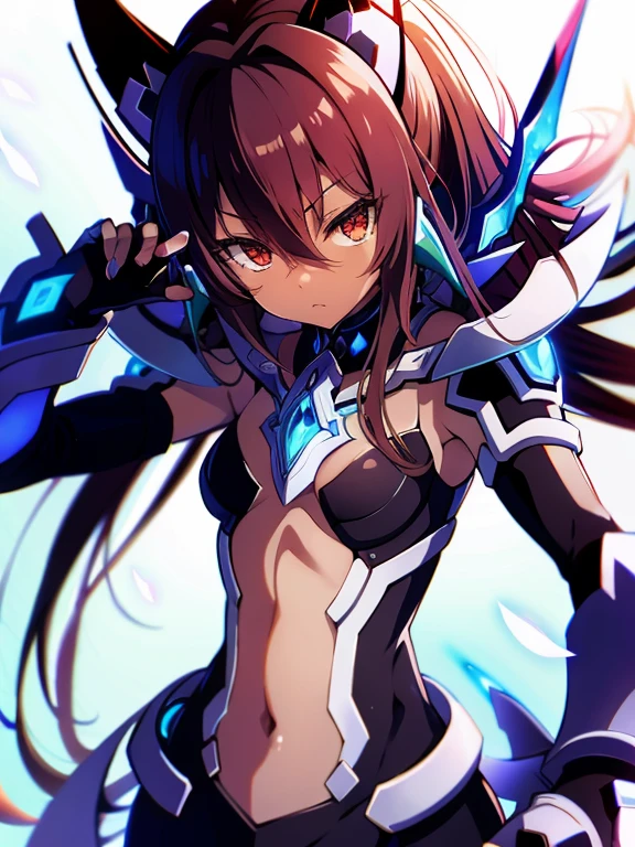 Anime figure, Masterpiece, best quality, highres, amazing quality, flat chested, (male), (8 year old boy), ((shota)), (Dark skin), cute, red eyes, medium hair with long dark brown hair, black exosuit, black gaunlets, long point headgear, black mecha musume, close up, ((blazblue black murakumo unit armour))