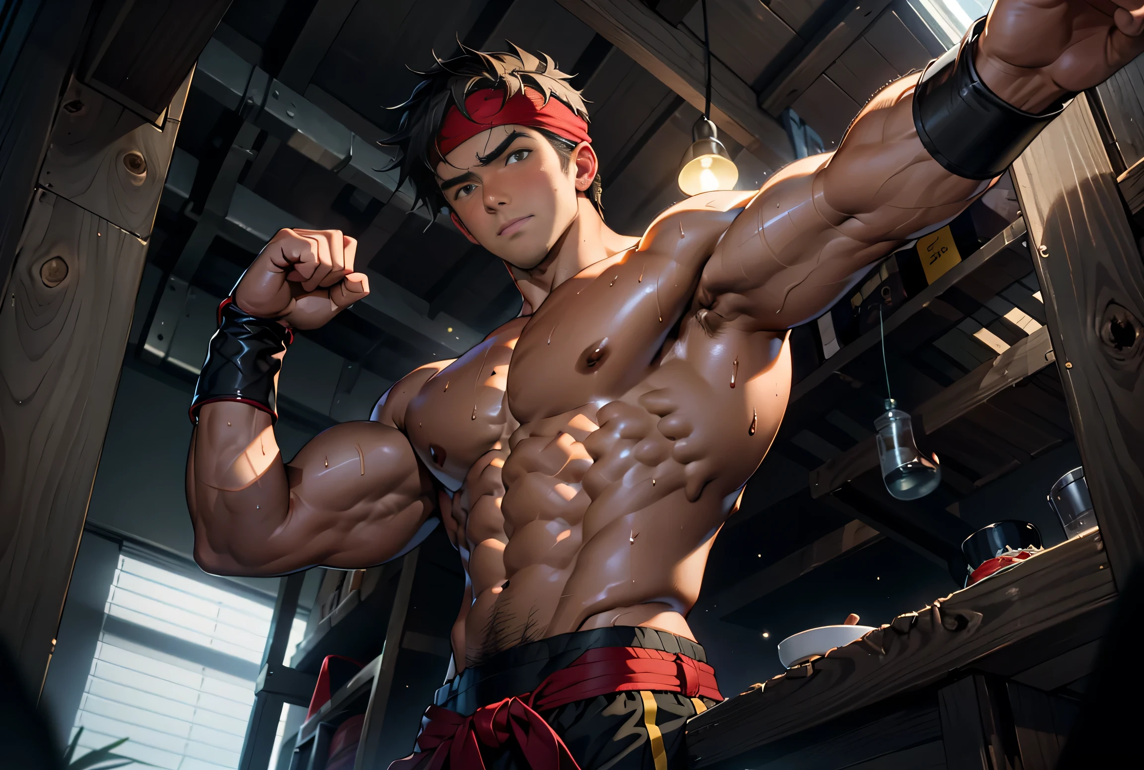 (masterpiece, highest quality, 18 year old boy, 8K, super detailed), ((from below), (bust shot), Eye of the worm, thin lips), (1 boy, alone), young, (ager), (dark short straight hair, undercut, brown eyes), Topless, topless, (red headband, ((Black Gauntlet))), (Depth of bounds written:1.2), (abs, chest, upper arm), (topless male), man with martial arts stance, motionless body, (starry night), Sweat, fighting pose
