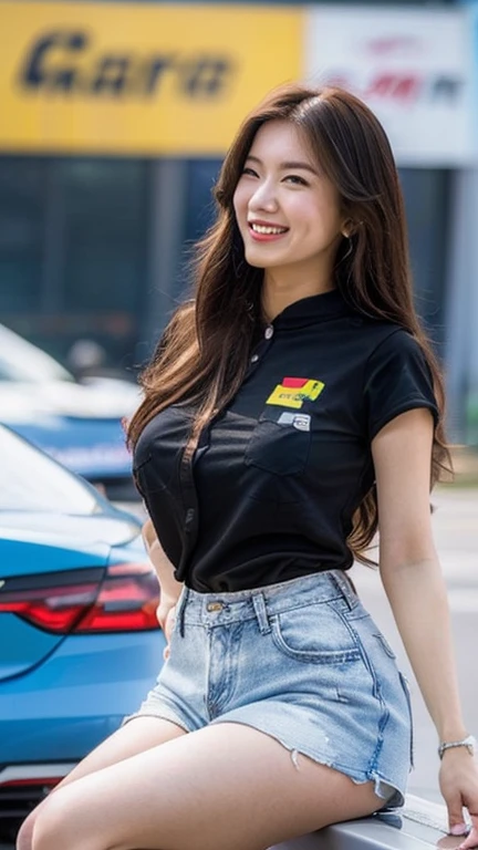 Highly detailed CG Unity 8K wallpaper, highest quality, Super detailed, masterpiece, realistic, photo realistic, Highly detailed cute girl, 25 years old, (whole bodyからつま先まで:1.4)、(whole body)、(whole body to toes)、(shot from the side)、(sitting on the hood of a car)、(lace queen)、(sexy pose),(model pose)、(big breasts)、(big ass)、(smile at the camera)、( smile ),(whole bodyショット) ,(Side view)、(side shot)、
(Sponsored and wearing grid girl costume'logo is printed.:1.3), (shorts) , (sitting in a motorsport race),