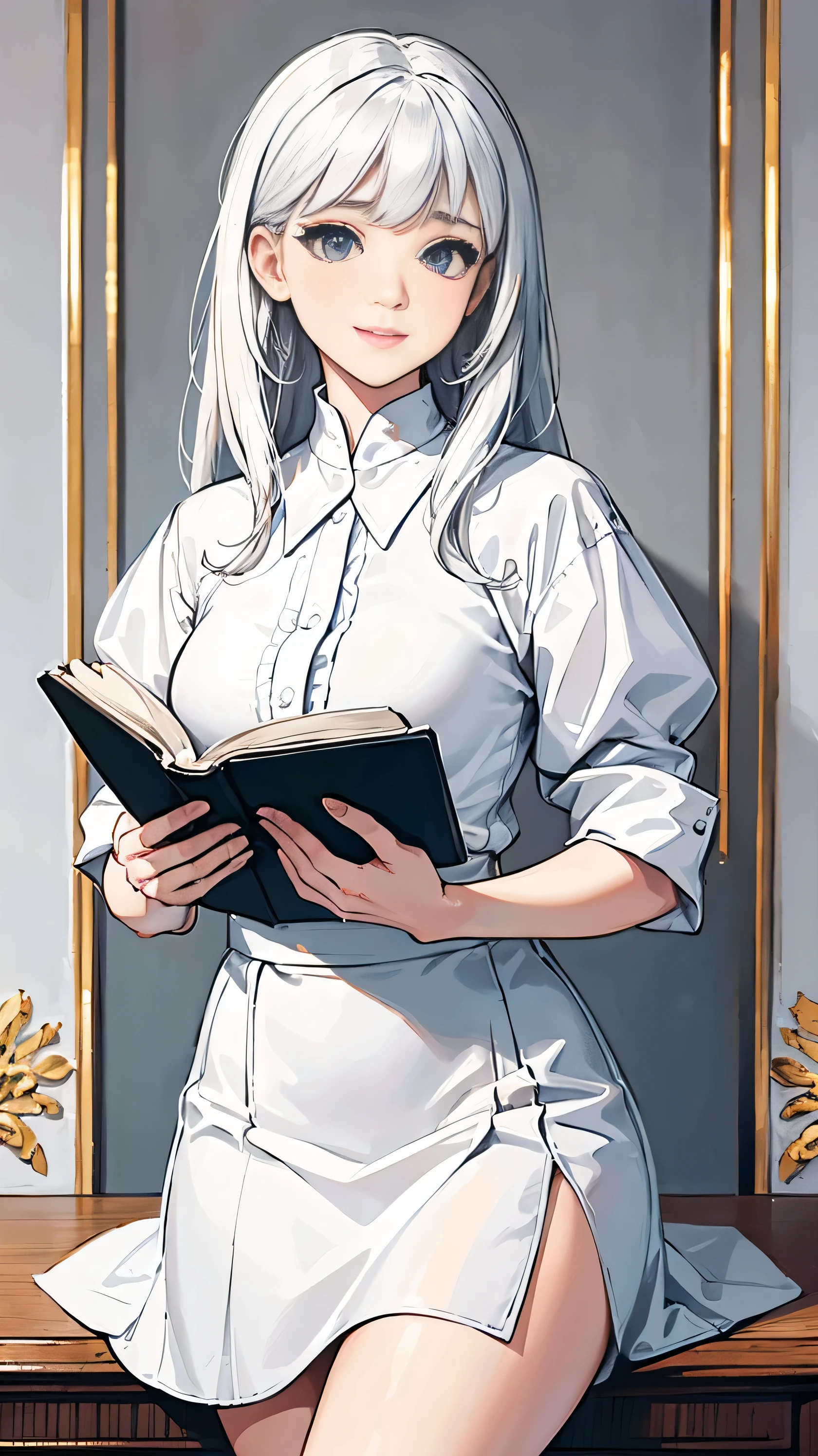 high quality coloring books, white background, no black fillings, portrait, highest quality, super high quality,1 girl, white shirt, gray hair, white tight skirt, white collar, gray hair, small breasts, reading a book, , cute smile, manga, comics, slender body, very beautiful high school girl, study at the table, Cute Dresses