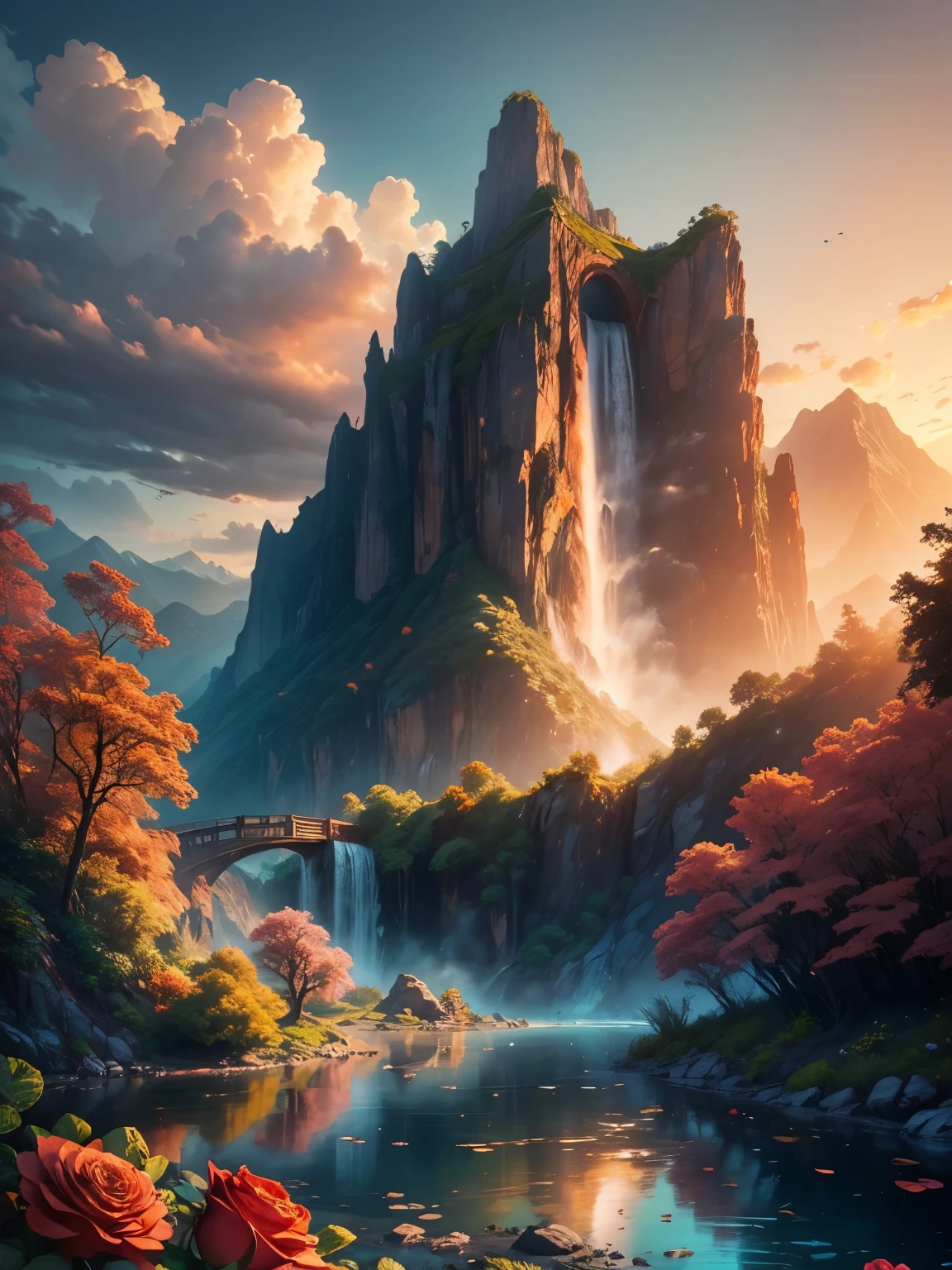 There is a large waterfall in the middle of a mountain, ((ancient city embedded in rock)), epic matte painting of an island, the lost city in the jungle, an Aztec city on an island lake, intricate and beautiful concept art, highly realistic concept art oil painting style, (((masterpiece))), high quality, extremely detailed CG unity 8k wallpaper, landscapes, outdoors, sky, cloud, nobody, mountain, landscape, water, tree, sunset sky with red and orange clouds, cliff waterfall, nature, lake, river, cloudy sky, award-winning photography, bokeh, depth of field, HDR, bloom, chromatic aberration, trending on artstation, trending on CGsociety, intricate, dramatic, midway art , high waterfall, painting of a river with rocks and trees in the foreground, near a river, jungle, crystal clear water, night light, evening sun behind red clouds with divergent sun rays, colorful, river with rocks, rock bridge , epic, fantasy, ((roses and flowers on the banks of the pond)), ((oil painting)), ((bridge rock))