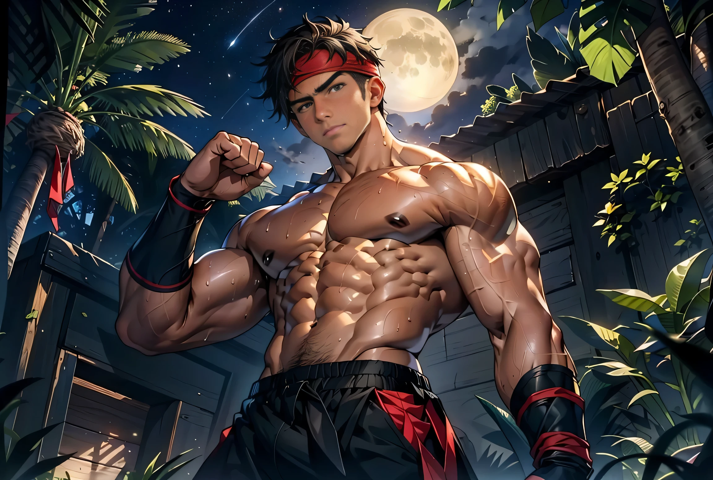 (masterpiece, highest quality, 18 year old boy, 8K, super detailed), ((from below), (bust shot), Eye of the worm, thin lips), (1 boy, alone), young, (ager), (dark short straight hair, undercut, brown eyes), Topless, topless, (red headband, ((Black Gauntlet))), (Depth of bounds written:1.2), (abs, chest, upper arm), (topless male), man with martial arts stance, motionless body, (starry night), Sweat, fighting pose