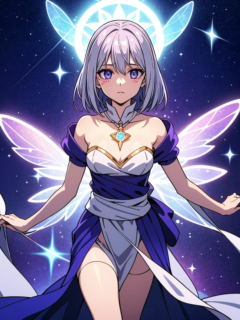 Kazuki Aetherwind possesses an ethereal and enchanting appearance in the magical realm of Eldoria. Her silver-white hair flows like moonlight, framing a face adorned with subtle runic tattoos that softly illuminate when touched by magical energies. Her eyes, a captivating shade of amethyst, hold a mysterious depth, reflecting a profound connection to the mystical forces surrounding her. A pair of translucent, iridescent wings extend gracefully from her back, symbolizing her affinity with the spirits of the air. These wings add an otherworldly elegance to her silhouette as they catch the ambient magical light. Kazuki's attire is a blend of magical elegance and functionality. Draped in a midnight-blue robe adorned with celestial patterns, each step seems to leave traces of stardust in his wake. A silver sash wraps around her waist, securing a vial filled with shimmering stardust—a magical catalyst for her enchantments. Her hands, adorned with ornate silver rings, possess a delicate yet powerful touch capable of weaving intricate spells. Around her neck, a crystal amulet radiates a soft glow, reflecting her mastery over the arcane energies that course through her. In this magical world, Kazuki Aetherwind stands as a living embodiment of the enchanting energies that permeate Eldoria, her presence resonating with the mystic beauty of the realm.