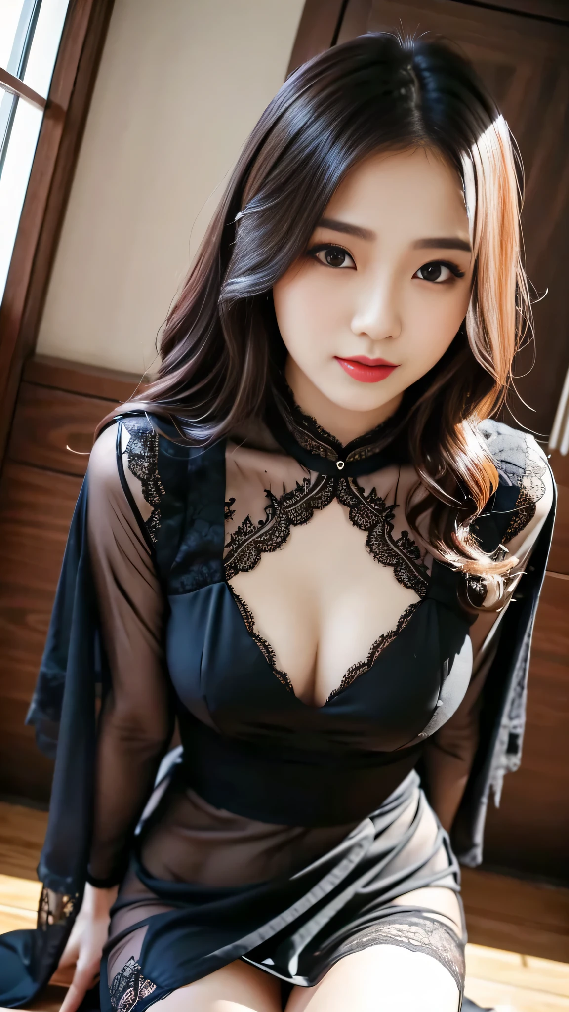 Super detailed、Japanese、charming beauty、seductive adult woman、Dainty woman、sharp eyes、cool girl、wavy hair、suit、Black chiffon、lacy fabric、wide sleeve、wearing a lace insert dress、white blouse、flare skirt、pantyhose、Shiny legs、evilの幹部、evil depravity、brainwashing、Mind control、lipstick、grin、邪evilなな表情、evil、empty eyes、邪evilな、darkness room、seductive pose、stand、Feels good、joy、jerk off、blowjob cock