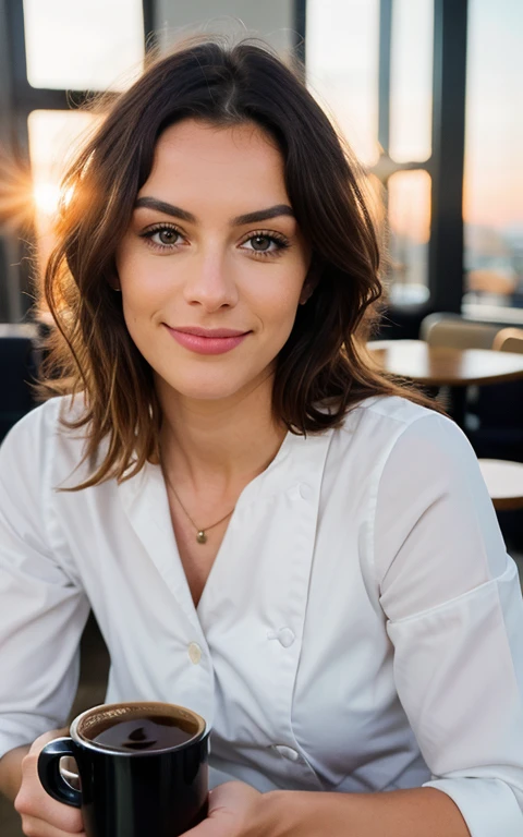 Beaux cheveux bruns mignons avec un pull jaune (Drinking coffee in a modern café at sunset), very detailed, 24 ans, visage innocent, naturally wavy hair, yeux verts, high resolution, chef-d'artwork, best quality, intricate details, very detailed, Sharpness, detailed skin, Realistice Hauttextur, texture, detailed eyes, professionnel, 4k, charmant sourire, prise avec Canon, 85 millimeters, Depth of field of light, couleur de vision kodak, perfectly fitted body, Extremely detailed, Directeur de la photographie_\(Ultra\), fotoRealistic, Realistic, Post-traitement, maximum details, roughness, Real life, UltraRealistic, Directeur de la photographierealismus, Directeur de la photographiegrafie, 8k euh, Directeur de la photographiegrafie